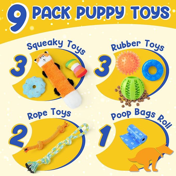Puppy Toys for Teething, 9 Pack Interactive Dog Toys for Small Dogs, Puppy Chew Toys for Boredom with Rope Toys, Treat Ball and Cute Squeaky Toys