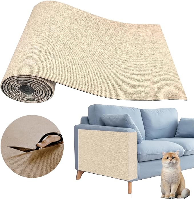 Cat Scratching Carpet Mat, Self-Adhesive Trimmable Cat Climbing Post Covered Pad Replacement for DIY Cat Tree Shelf Steps Couch Corner Wall Cat Scratcher Furniture Protector (Khaki, 78.7x15.8Inch)