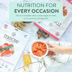 The New Zealand Natural Pet Food Co Meow e - Chicken & King Salmon Recipe, Dry Cat Food Use as a Complete Diet, Topper, Mixer, or as Cat Training Treats, All Life Stages, 3.5 oz