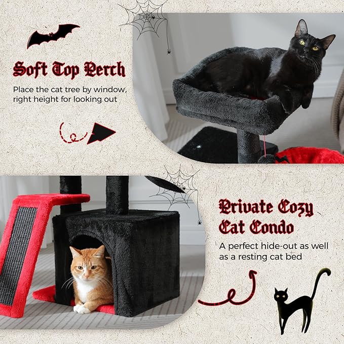 PETEPELA Gothic Cat Tree Tower for Indoor Cats, 31.5'' Small Cat Tower Condo with Sisal Scratching Ramp, Cozy Hammock and Removable Flower Cat Bed Perch for Kittens, Black