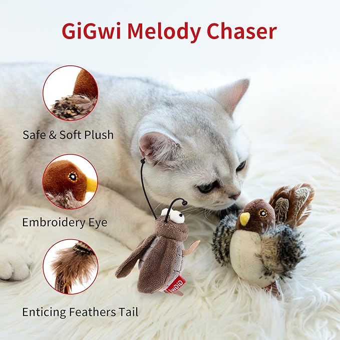 PETGEEK Gigwi Simulated Chirping Bird Cat Toy, Fake Toys for Indoor Cats, Cat Feather Toy with Hanging Loop for Bored Indoor Adult Cats Kittens Interactive Play (Bird-Cricket, Chirping)