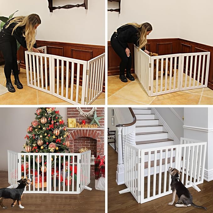ZJSF Freestanding Indoor Dog Gate for House Foldable Wood White Puppy Gate for Doorways Pet Gate for Stairs Extra Wide Pet Fence 32" Height 2 Panels