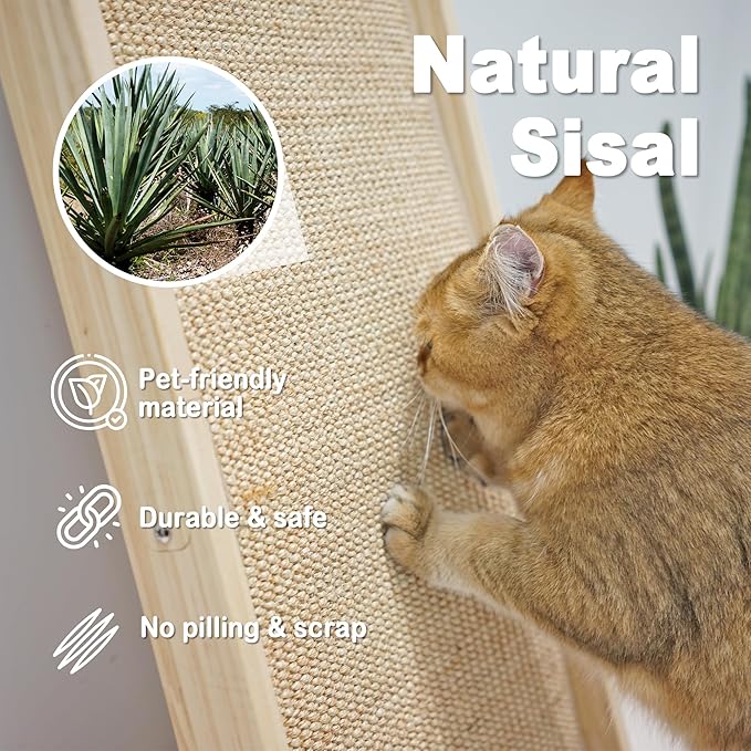 Meeyoview Sisal Cat Scratcher Ramp, 27'' L Shape Scratching Post, Vertical Cat Scratcher for Indoor Cats, Solid Wooden Scratch Pad, Furniture Protector with Catnip