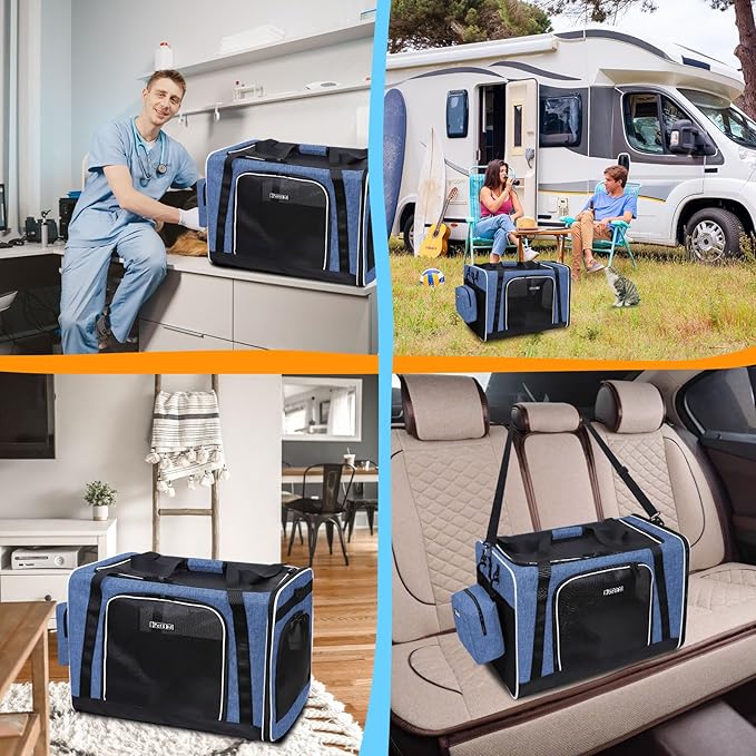 Petskd Extra Large Cat Carrier with Litter Box 24"x17"x17" for Medium Large Cat or 2 Small Cats, Collapsible Soft Sided Pet Carrier for Car Travel with Lockable Safety Zippers(Blue)