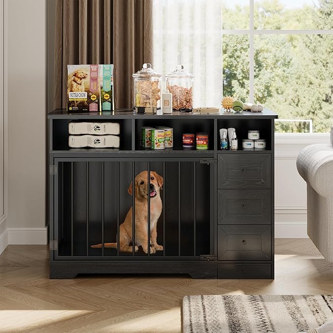 48'' Dog Crate Furniture, Farmhouse Heavy Duty Dog Kennel with Bowl & Storage Drawers, Medium Dog Cage End Table for Small Medium Dogs, Black