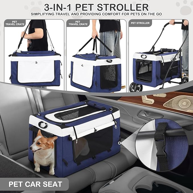 MoNiBloom Dog Cat Stroller for Dogs Cats, 4 Wheels Pet Stroller Jogger w/Detachable Carrier, Travel Strolling Cart, Soft Collapsible Dog Crate