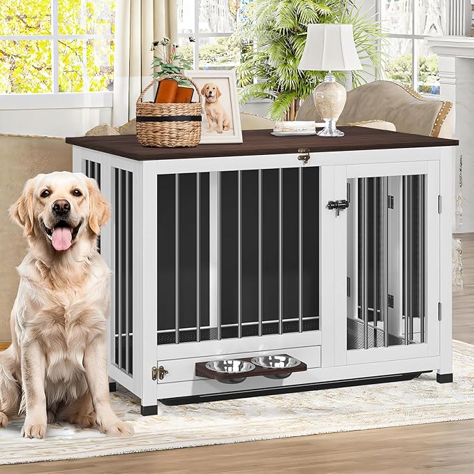 Dog Crate - 39.4" Dog Kennel Furniture with 360° Rotating Feeder & Removable Tray | Versatile Indoor Dog Cage End Table for Medium & Large Dogs, White Wooden Dog Crates for Living Room