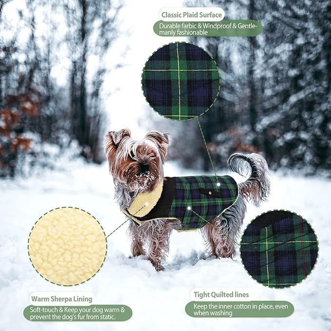 Winter Coat for Small and Medium Dogs, Puppy Plaid Jacket, Cotton Coat for Cold Weather, Windproof Warm Dog Garments, Pet Thickened Outfits Indoor Outdoor, Green M