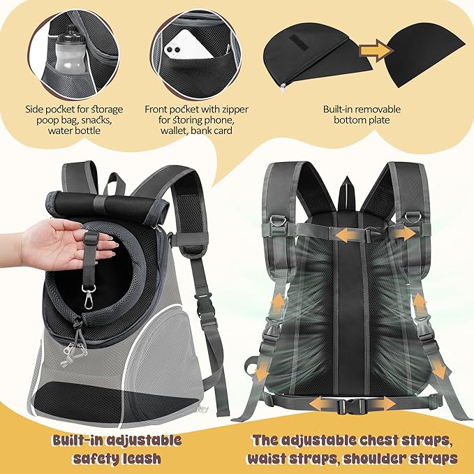 WOYYHO Pet Dog Carrier Backpack with Top and Side Windows, Small Dog Front Backpack Ventilated Dog Back Pack with Safety Belt for Travel Hiking Outdoor Adventures (Size M: 5-9 lbs, Black 2.0)
