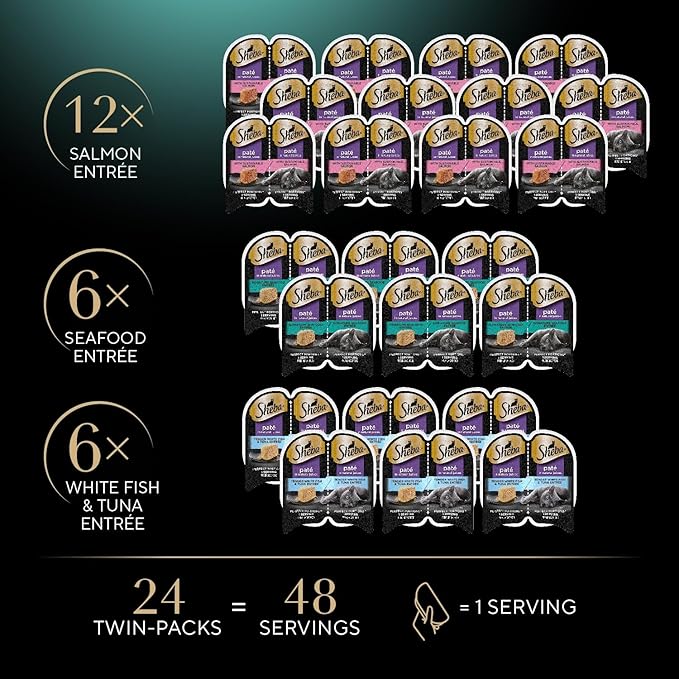 Sheba Perfect Portions Wet Cat Food Pate with Sustainable Salmon, Signature Seafood Entree, and Tender White Fish and Tuna Entree Variety Pack, 2.6 oz. Twin Pack Trays (24 Count, 48 Servings)