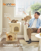 Feandrea Cat Tree, 26.4-Inch Cat Tower, S, Cat Condo for Kittens up to 7 lb, Large Cat Perch, 2 Cat Caves, Scratching Post, Beige UPCT611M01