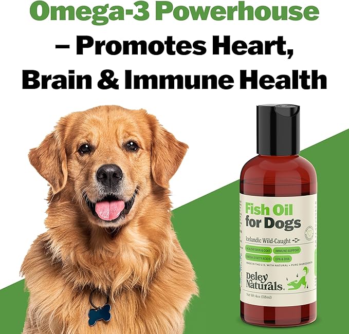 Deley Naturals Dog Fish Oil Icelandic 2X Omega - Dog Itching Skin Relief with Omega 3 6 9 for Allergies, Coat & Heart - Omega 3 Fish Oil for Dogs Skin Irritation - 4oz Omega Oil for Dogs Made in USA