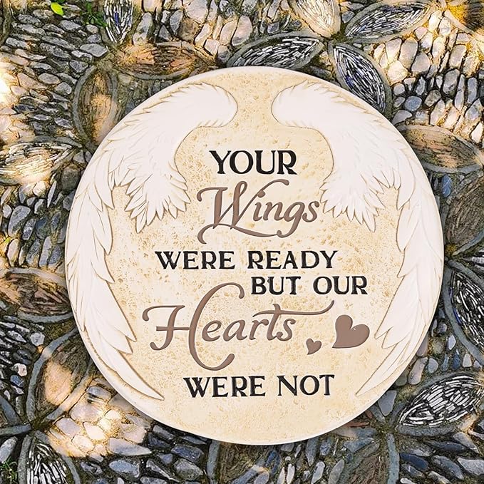 10 Inch Polyresin Memorial Garden Stone, Angel Wings Stepping Stones Outdoor, Memorial Gifts for Loss of Loved One, Décor for Homes, Lawn and Garden (Round Wings)