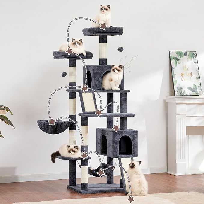 Cat Tree for Indoor Cats, 71'' (180cm) Multi-Level Cat Tower for Large Adult, Sturdy Cat Tree House with 2 Scratching Boards 7 Posts, 2 Plush Perches/Condos, Hammock, Smoky Gray GCT032G