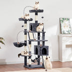 Cat Tree for Indoor Cats, 71'' (180cm) Multi-Level Cat Tower for Large Adult, Sturdy Cat Tree House with 2 Scratching Boards 7 Posts, 2 Plush Perches/Condos, Hammock, Smoky Gray GCT032G