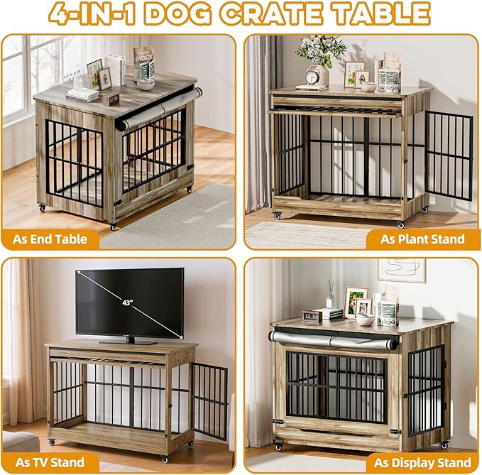 42" Large Dog Crate Furniture, Double Door Wooden Indoor Dog Kennel Furniture, Decorative Pet Cage End Table with Wheels for Large Breed Dogs, Size XL, Rustic Brown