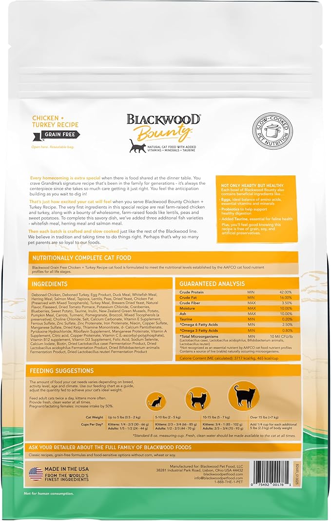 Blackwood Bounty Dry Cat Food, Chicken & Turkey Recipe for All Life Stages, 4.5 Pound Bag, High Protein, Grain Free