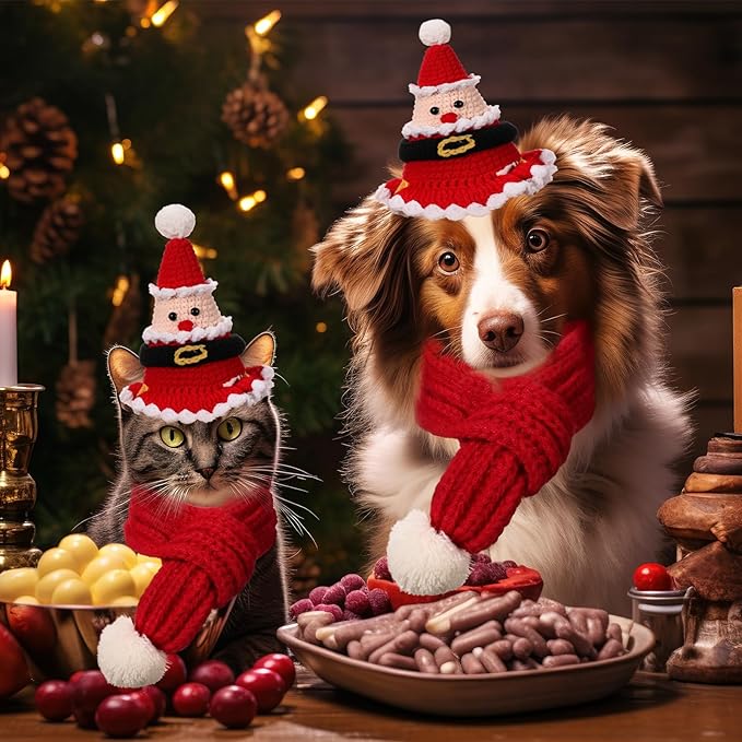 2 Pcs Cat Christmas Costume Cat Santa Hats with Scarf Pet Hat Scarf Set Pet Christmas Outfit Party Costume Supplies for Cats Small Dogs Puppy Accessories(Red,Santa Claus Style)