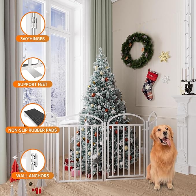 4 Panles Full Matel Freestanding Dog Gates with Door, 96"Extra Wide 32"Tall Free Standing Dog Pet Gate for Indoor & Outdoor. Foldable Pet Fences for Doorways, House, Stairs, Porch, Deck, Yard