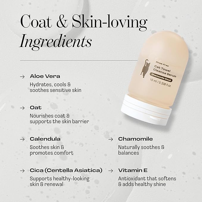 Cat Rinse-Free Shampoo & Conditioner with Bath Mitt – Sensitive Skin, Stress & Itch Relief Leave-In Cleanse Serum – 98.65% Naturally Derived, Gentle Cleanse, Hydrate & Deodorize – 8 x 10ml