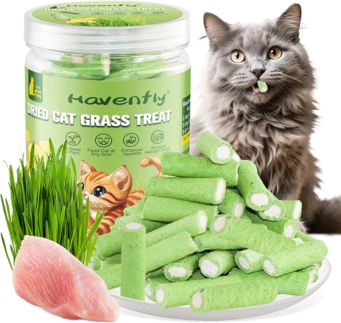 Cat Grass Teething Sticks, 3.52oz Edible Natural Dried Cat Grass Treats with Chicken, Cats Snack for Hairball Removal and Dental Care