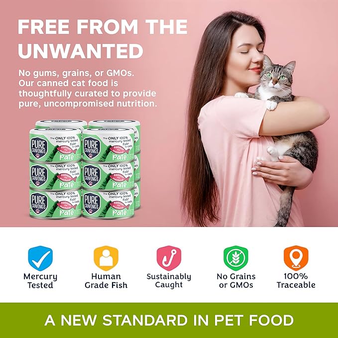 Salmon and Mackerel Pate, Canned Wet Cat Food, 100% Mercury-Tested, Moist Can Fish, Grain-Free Protein, Non-GMO, 12 Pack