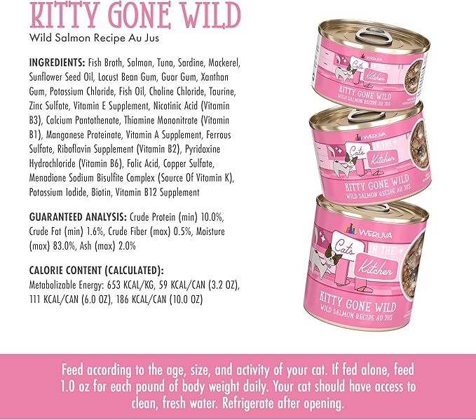 Weruva Cats in The Kitchen, Kitty Gone Wild with Wild Salmon Au Jus Cat Food, 3.2oz Can (Pack of 24)