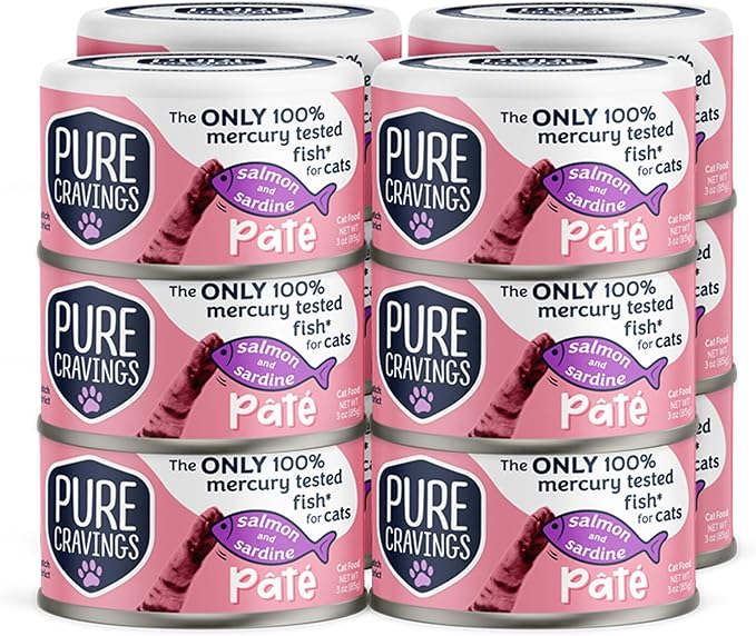 Salmon and Sardine Pate, Canned Wet Cat Food, 100% Mercury-Tested, Moist Can Fish, Grain-Free Protein, Non-GMO, 12 Pack
