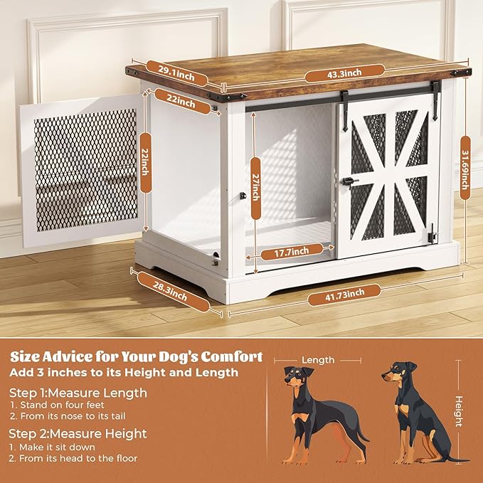 VOPEAK 43.3" XL Dog Crate Furniture, Chew Resistant Dog Crate for Medium Large Dogs, Heavy Duty Extra Large Dog Crate Dog Kennel Indoor with Double Doors, Wooden End Table for Living Room, White