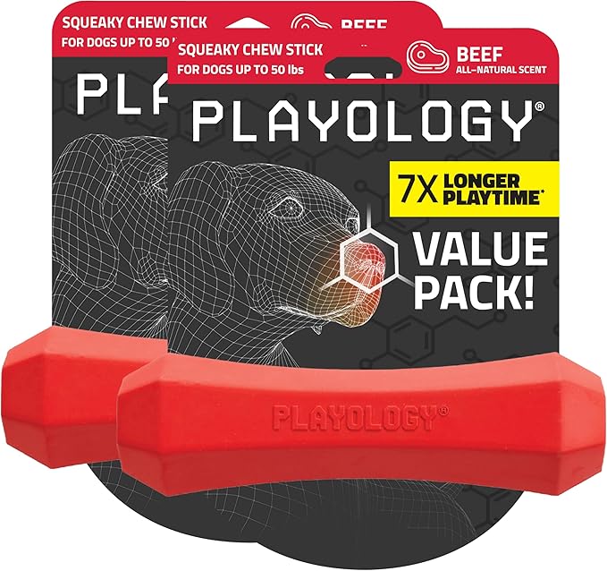 Playology Squeaky Dog Toy Fetch Stick | Durable Rubber Toys for Interactive Play | Beef Scented Fetch Stick for Medium Dogs, Value 2-Pack | Floating Dog Toy Made from Non Toxic Materials
