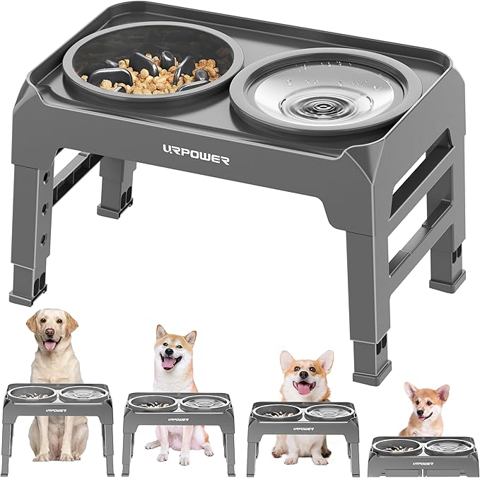 URPOWER 2-in-1 Elevated Dog Bowls Mess Proof Slow Feeder with No Spill Water Bowl 4 Height Adjustable Raised Dog Bowl Non-Slip Food and Water Bowls Set for Small Medium Large Dogs