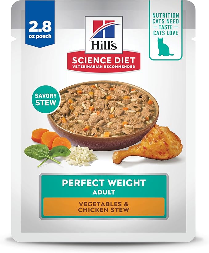 Hill's Science Diet Perfect Weight, Adult 1-6, Weight Management Support, Wet Cat Food, Chicken & Vegetables Stew, 2.8 oz Pouch, Case of 24