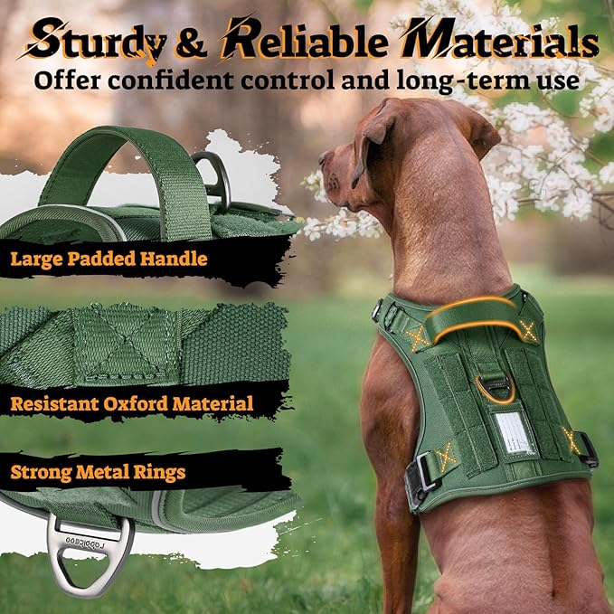rabbitgoo Dog Harness for Large Dogs No Pull, Tactical Service Pet Vest with Molle and Control Handle, Adjustable and Reflective Military Harness for Easy Walking and Training, Green, L