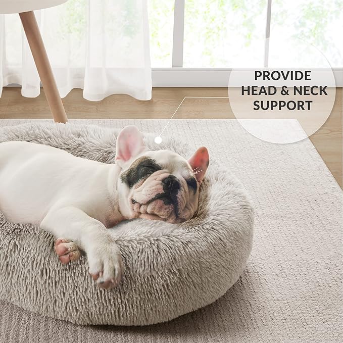 Friends Forever Serena Donut Memory Foam Orthopedic Dog Bed, Soft Faux Fur Oval Cat Couch For Indoor Pet, Fluffy Calming Plush Shag, Round Bolster Cushion, Machine Washable Cuddler, Tan, 36"x27"x7.5"