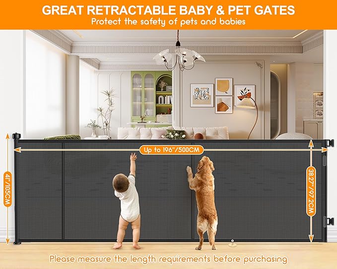 196 Inch Retractable Baby Gates Extra Wide, 41 Inch Reinforced Extra Tall Gate for Large Openings, Mesh Safety Gate for Kids Pets, Retractable Dog Gate for Pool Garages Doorway Indoor Outdoor, Black