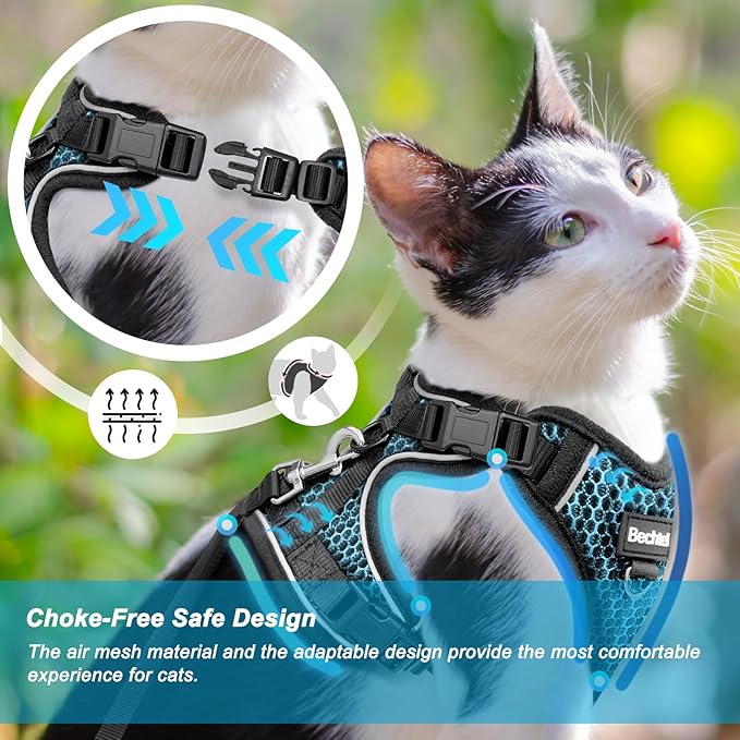 Cat Harness and Leash for Walking Escape Proof Soft Adjustable Cat Leash Breathable Honeycomb Structure Comfortable Vest Easy to Wear Kitten Harness for Outdoor Travel, Honeycomb Blue, M