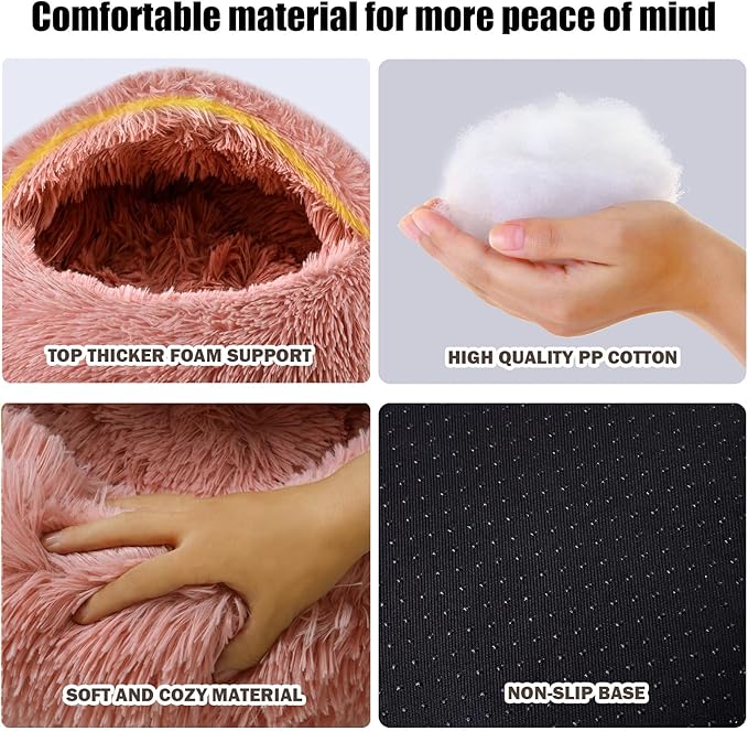 Calming Dog Beds & Cat Cave Bed with Hooded Cover,Washable Round Beds for Small Medium Pets,Anti-Slip Faux Fur Fluffy Coved Bed,Comfortable Warming Pet Bed(16 * 16inch,Leather Pink)