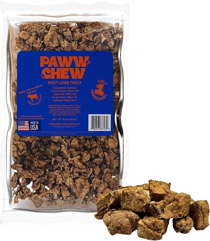 Beef Lung Dog Treats, 100% Natural, Single Ingredient, (1 Pound) Made in The USA, Dried & Dehydrated, High Protein, High Value Dog Training Treats, Grain Free, Low-Odor Free for All Breeds