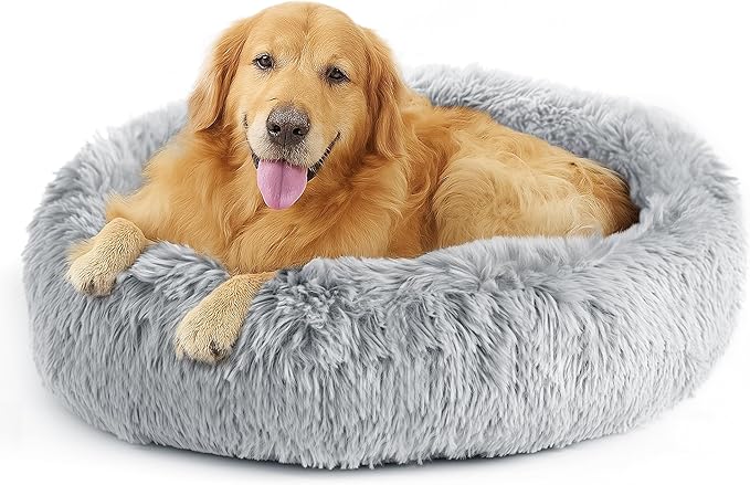 Deconovo Calming Donut Dog Bed, Washable Plush Round Pet Bed for Small Dogs & Cats with Raised Rim, Non-Slip Base and Soft Faux Fur—Lightweight, Easy-Care Design Light Grey 37" L x 37" W x 8" Th