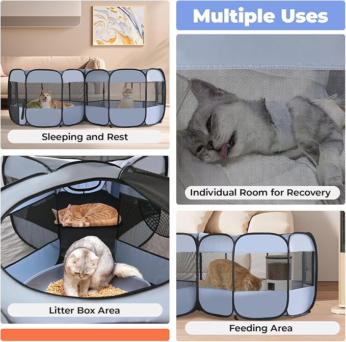 2-in-1 XLarge Cat Playpen, Detachable into 2 Separate Playpens with Additional 2 Doors, Portable Dog Playpen Cat Tent Enclosure for Kitten and Puppy Indoor Outdoor Use(L)