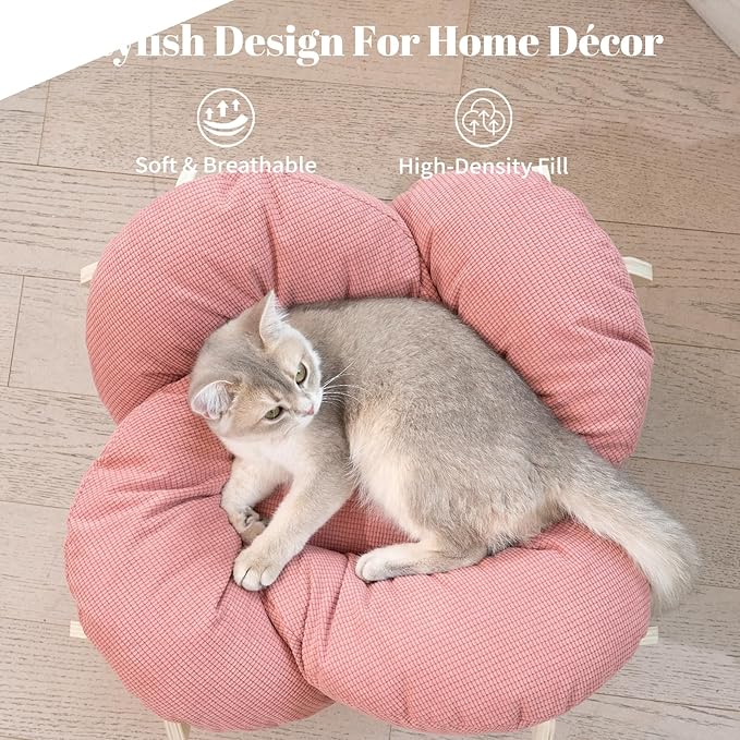 CHEERHOME PETS Elevated Cat Bed Wooden with Cushion Fluffy Pet Couch Sofa for Indoor Cats Raised Kitty Lounge Chair Suitable for Puppy, Cat Furniture(Pink)