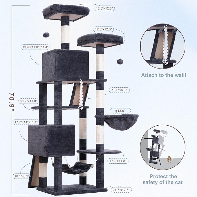 Cat Tree for Indoor Cats, 71'' (180cm) Multi-Level Cat Tower for Large Adult, Sturdy Cat Tree House with 2 Scratching Boards 7 Posts, 2 Plush Perches/Condos, Hammock, Smoky Gray GCT032G