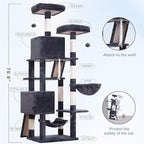 Cat Tree for Indoor Cats, 71'' (180cm) Multi-Level Cat Tower for Large Adult, Sturdy Cat Tree House with 2 Scratching Boards 7 Posts, 2 Plush Perches/Condos, Hammock, Smoky Gray GCT032G