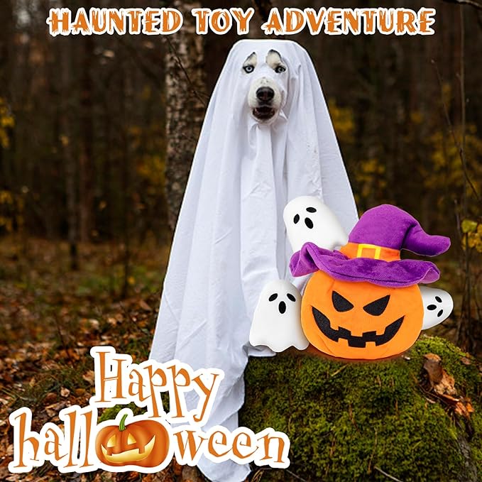 Halloween Dog Toys - Pumpkin & Ghosts Squeaky Plush, Hide & Seek for Small to Large Dogs