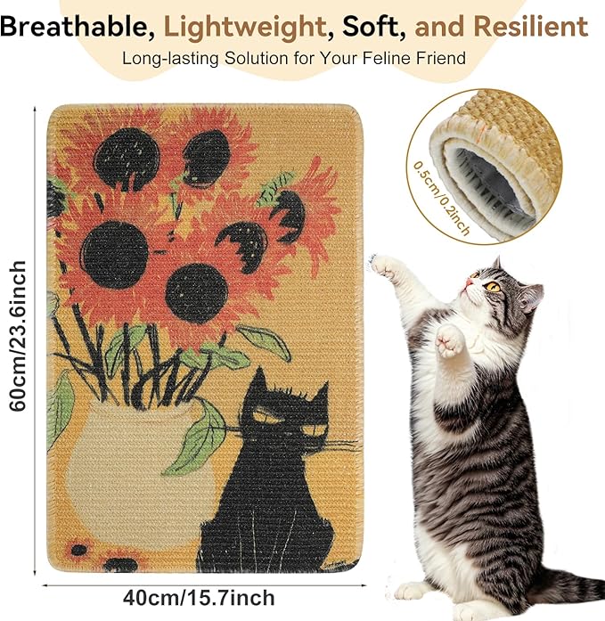 3-in-1 Sisal Cat Scratch Mat Sunflower 23.6x15.7'' Floor & Wall Cat Scratcher Pad, Protects Carpet Couch & Furniture with Sticker Tape, Anti-Slip, Durable for Indoor Outdoor Cats