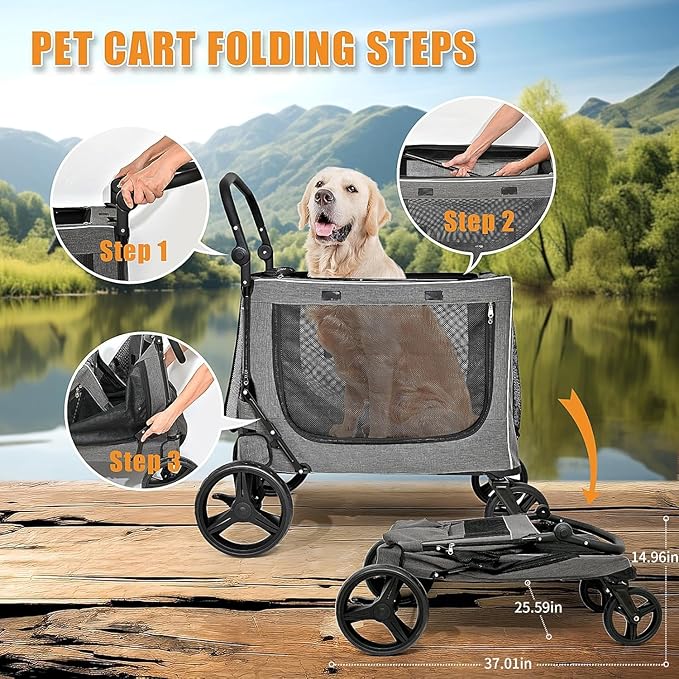 KIKII Extra Large Dog Stroller for Large & Medium Dogs, Adjustable Handlebar and Brakes, 4 Wheels, Reflective, Lightweight Folding, Breathable Mesh, 132 lbs Capacity, for Travel Walking Outdoor