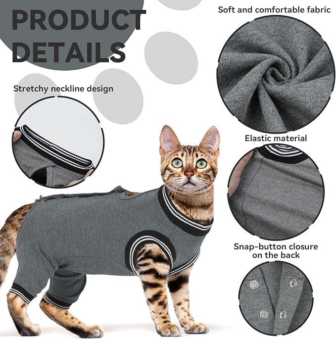 T'CHAQUE Cat Clothes Surgery Recovery Suit for Female Male, Cat Onesie Pet Surgical Pajamas Hind Legs Long Sleeve, Abdominal Wound Skin Diseases, E-Collar Alternative, Spay Recovery Suit, Gray-S