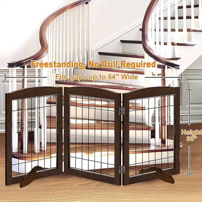LZRS 3-Panel Freestanding Adjustable Wooden Dog Gate—30" Tall Foldable Pet Barrier with Support Feet, Chew-Resistant Solid Hardwood & Steel Wire Safety Fence for Doorways, Hallways, and Stairs, Walnut