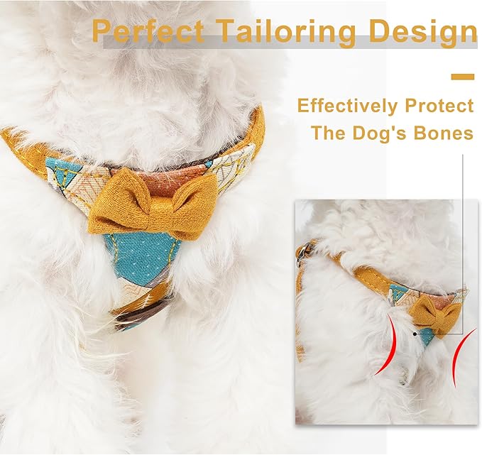 Puppytie No Pull Dog Harness with Multifunction Dog Leash,Soft Adjustable No Choke Escape Proof Pet Harness Vest for Medium Dogs,Suede Bow Yellow,M