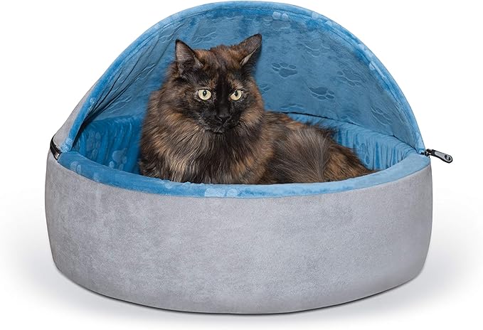 K&H Pet Products Self-Warming Kitty Bed Hooded Pet Bed for Cats or Dogs Blue/Gray Large 20 Inches